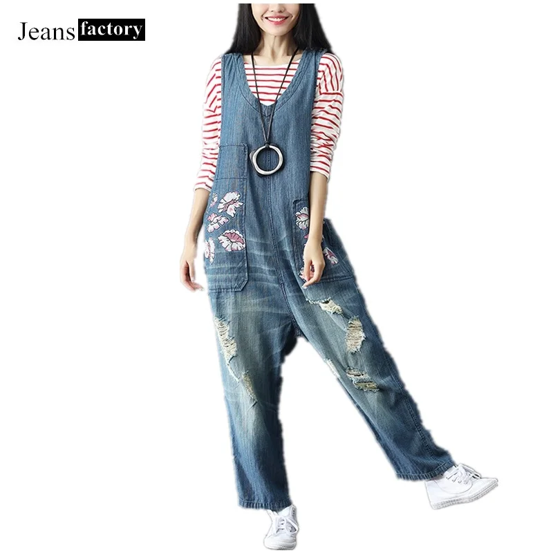 

Jumpsuit Women Washed Print Gardeners Overalls Blue Hole Denim Jeans Female Casual Cotton Plus Size Jumpsuits Rompers kombinezon