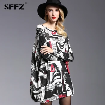 

SFFZ 2019 Oversized Sweater Women Jumper Fashion Batwing Sleeve Print Slash Neck Wool Pullovers Knitted Woman Sweaters Pullover
