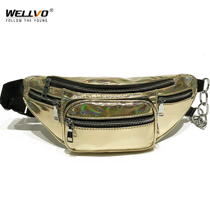 

Laser Multifunctional PU Leather Waist Packs Women Portable Chest Bags Mini Shoulder Bag Phone Money Purse Chain Strap XA152WC