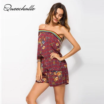 

Queechalle Floral Print Chiffon Playsuit Women Summer Sexy One-Shoulder Half Sleeve Boho Rompers Jumpsuit Beach Party Overalls