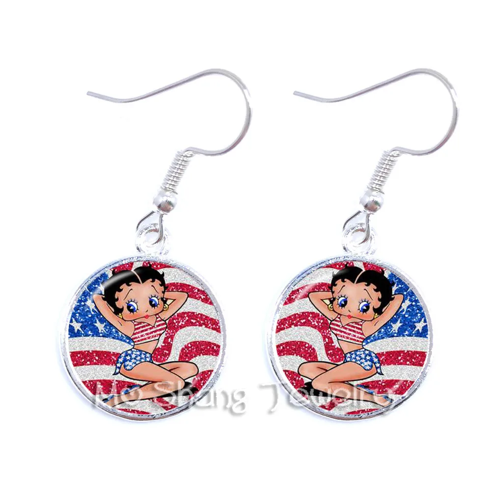 

1pair Betty Boop 16mm Round Glass Cabochon Handmade Dangle Earrings Women Girls Party Favor Earrings Jewelry Best Gifts