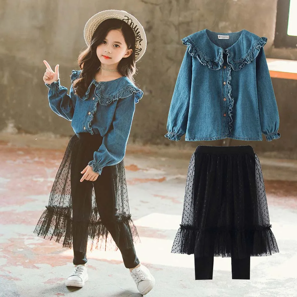  Toddler to Teenager Kids Baby Fashion Blue Denim Jackets Girls Lace Dress Black Pants 2PCS Set Chil