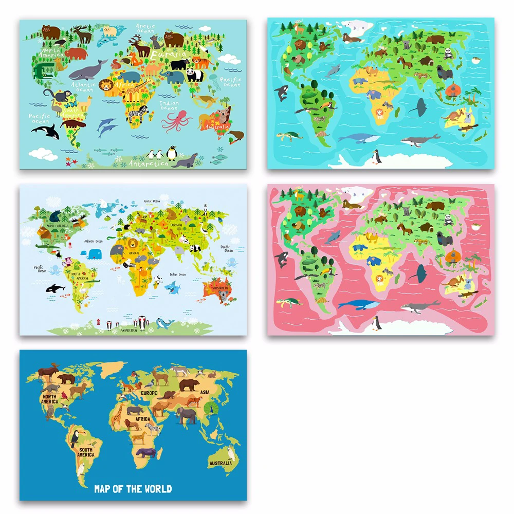 Canvas Art Print Painting Poster, Cartoon Children Kawaii Animals World Map, Wall Pictures For Kids Room Home Decoration