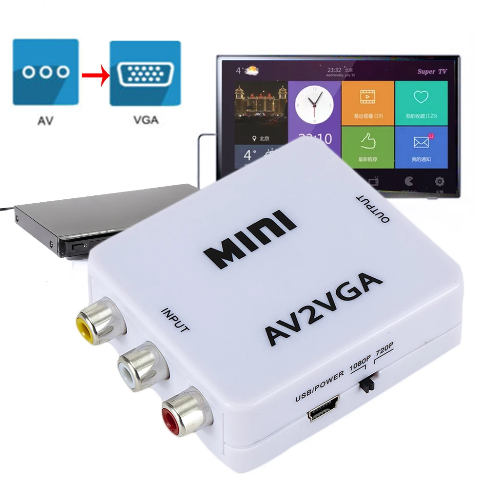  Mini HD 1080 p AV2VGA Video Converter Box adattatore AV RCA CVBS al Convertitore Video VGA PC Conve