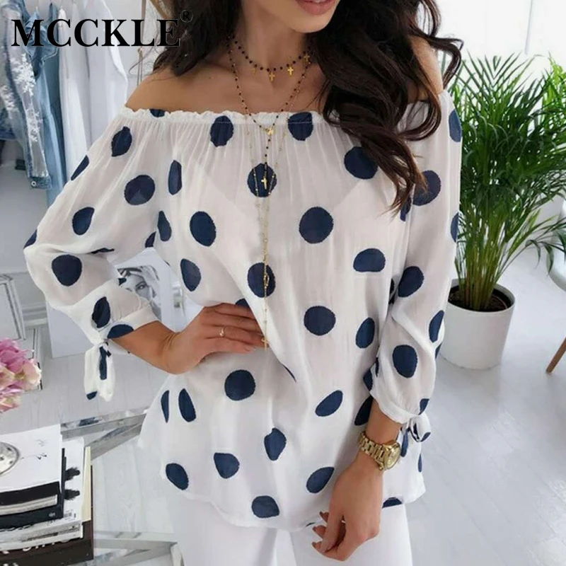 

Women's Off Shoulder Slash Neck Pleated Polka-dot Shirt Blouse Plus Size Pullover Shirts 2019 Summer Female Fashion Blouses Lady