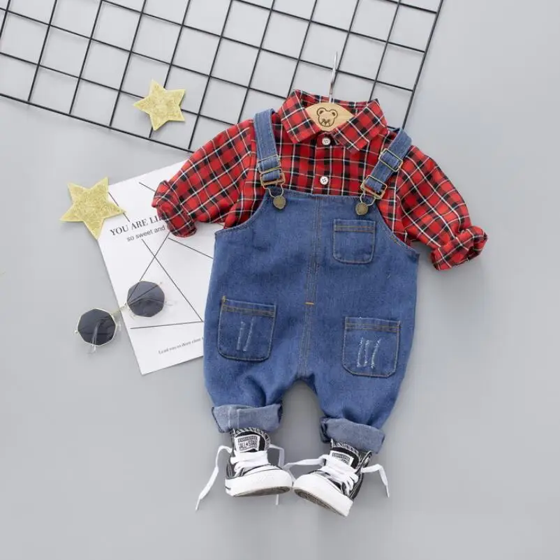 2019 Baby Girls Boys Clothing Sets Toddler Infant Clothes Suits Lapel Plaid Shirt Strap Jeans Kids Children Costume |