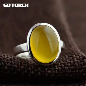 

GQTORCH Real Pure 925 Sterling Silver Simple Ring With Natural Gemstone Yellow Chalcedony Womens Rings Jewelry