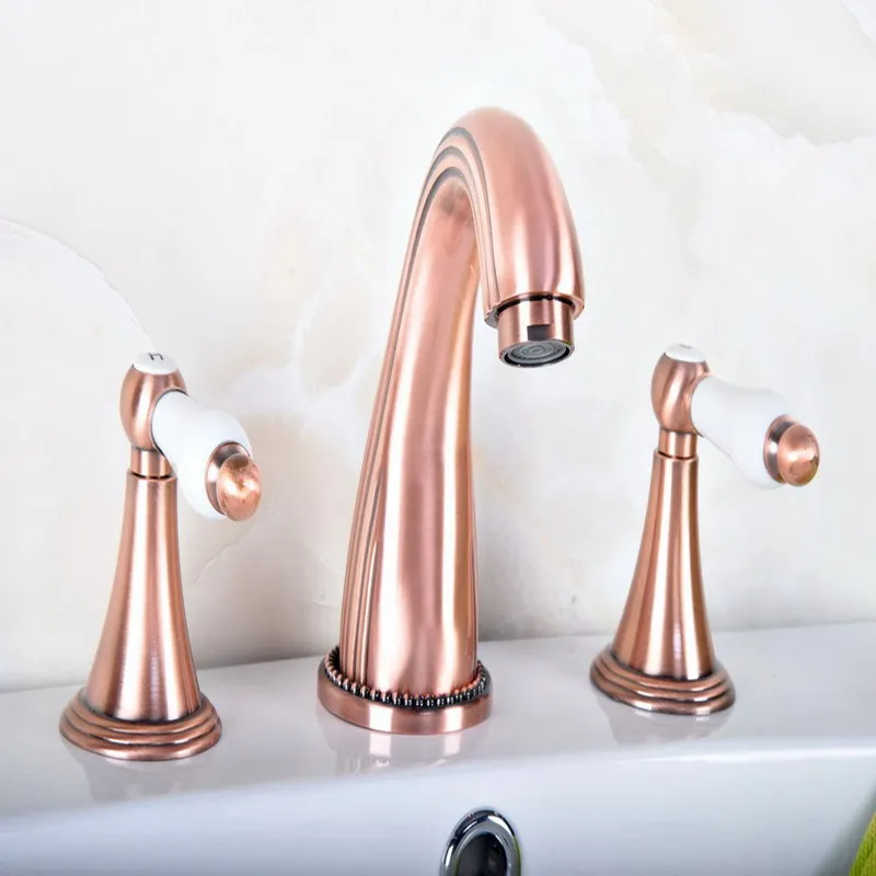 

Antique Red Copper Widespread Dual Handle Bathroom Washing Basin Mixer Taps Deck Mounted 3 Holes Lavatory Sink Faucet arg077