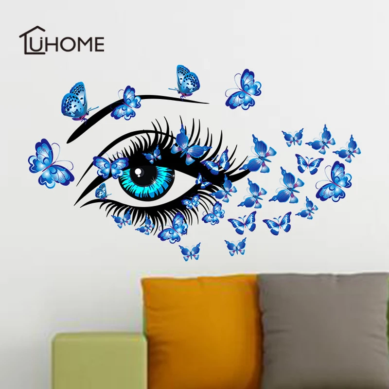 Wall Stickers 3D Butterfly Women Eyes Design Home Decorations Professional Decal for Living Room Kids Room (Color:Blue,Pink)
