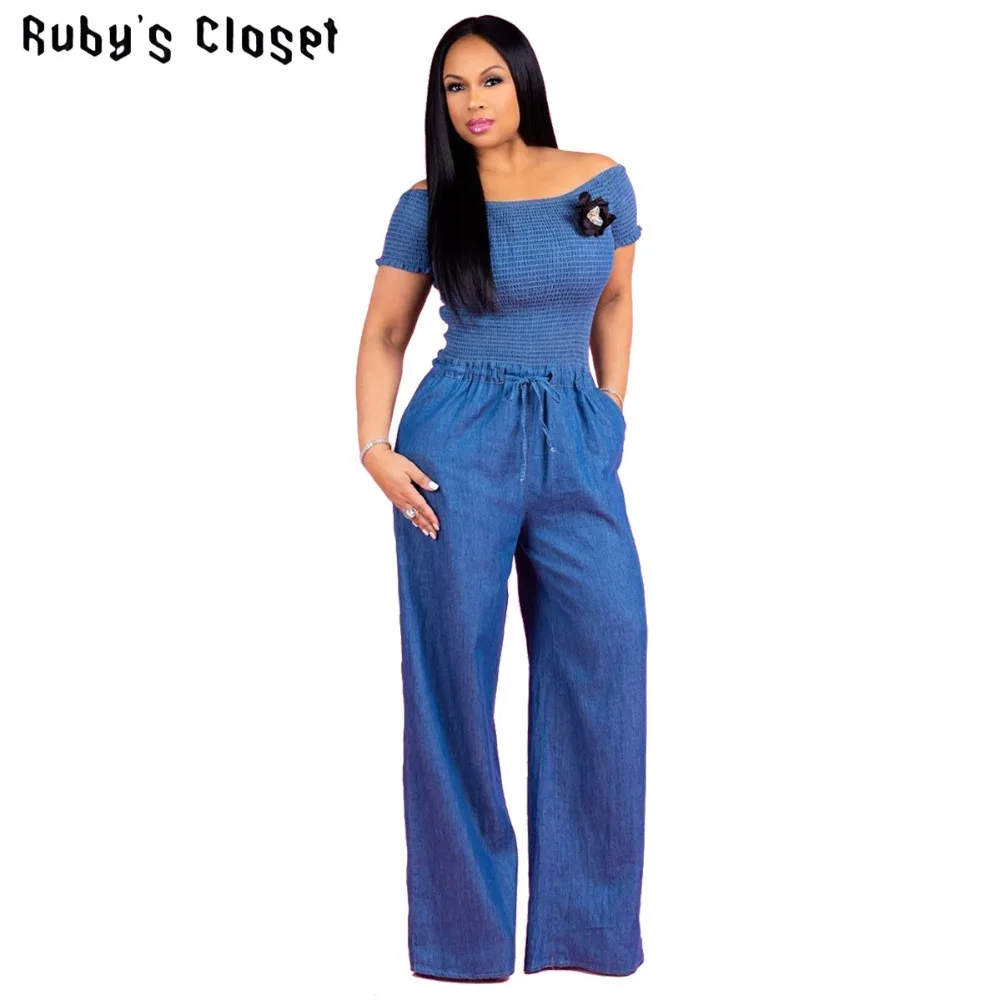 Ruby's Closet/женские джинсовые комбинезоны с коротким рукавом и широким вырезом
