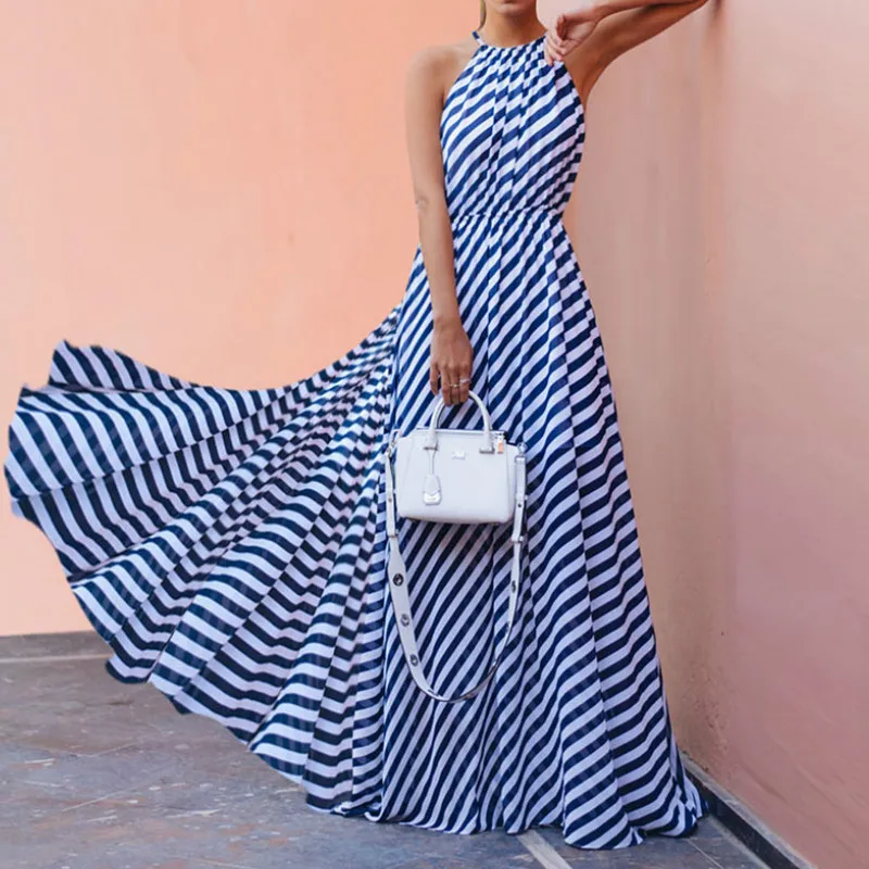 

Stripe Holiday Beach Halter Maxi Dress Women Summer Sleeveless Backless Elegant Evening Party Sundress Slip Dress