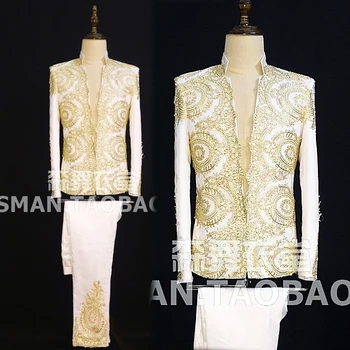 

Costumes ! Male singer DJ at right Zhilong GD with heavy embroidery palace white suit Costume Suit Free Shipping