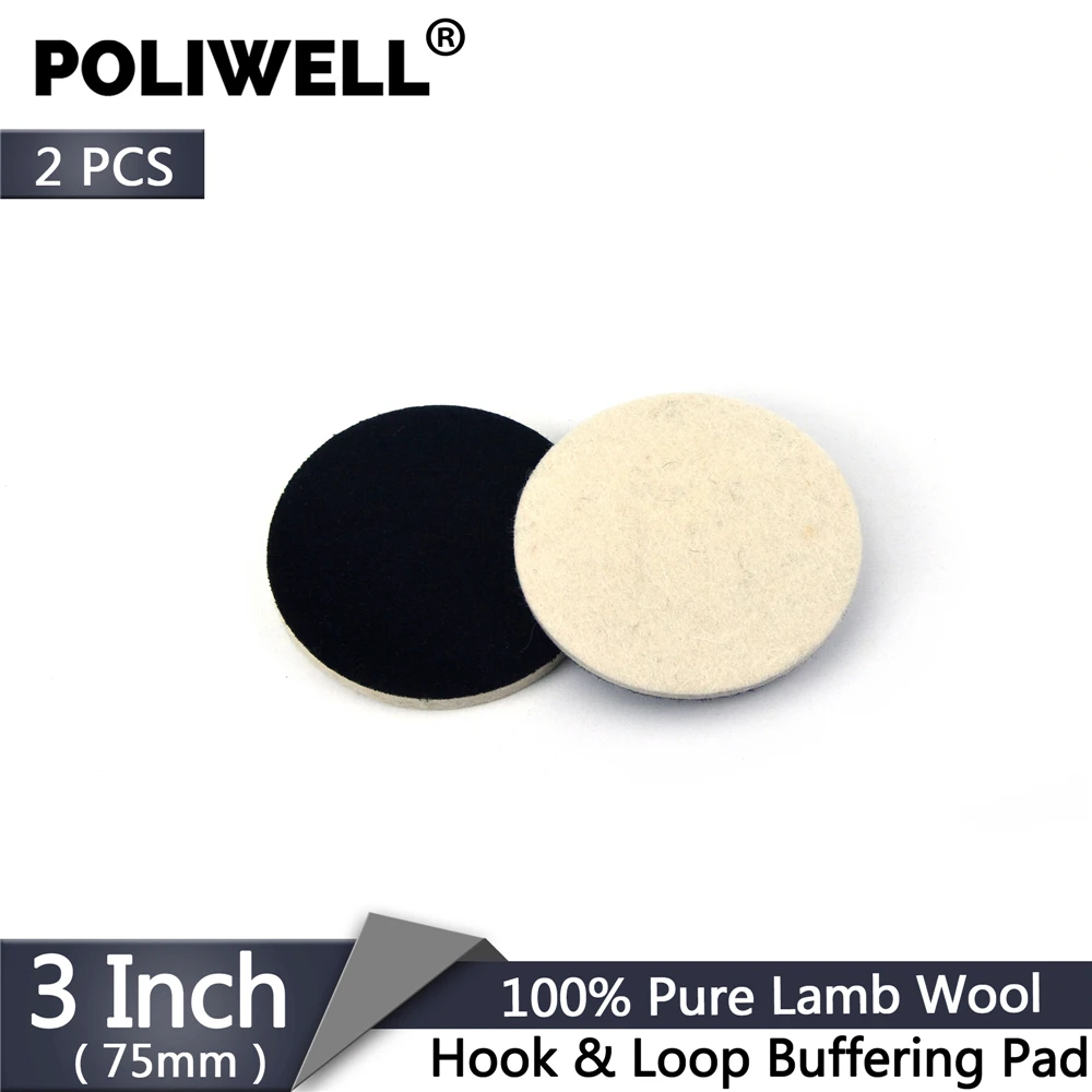 POLIWELL 2Pcs 3 Inch 75mm Wool Polishing Pad Buffering Pads Hook& Loop Backing Grinding Wheel Disc for Glass Car Polisher