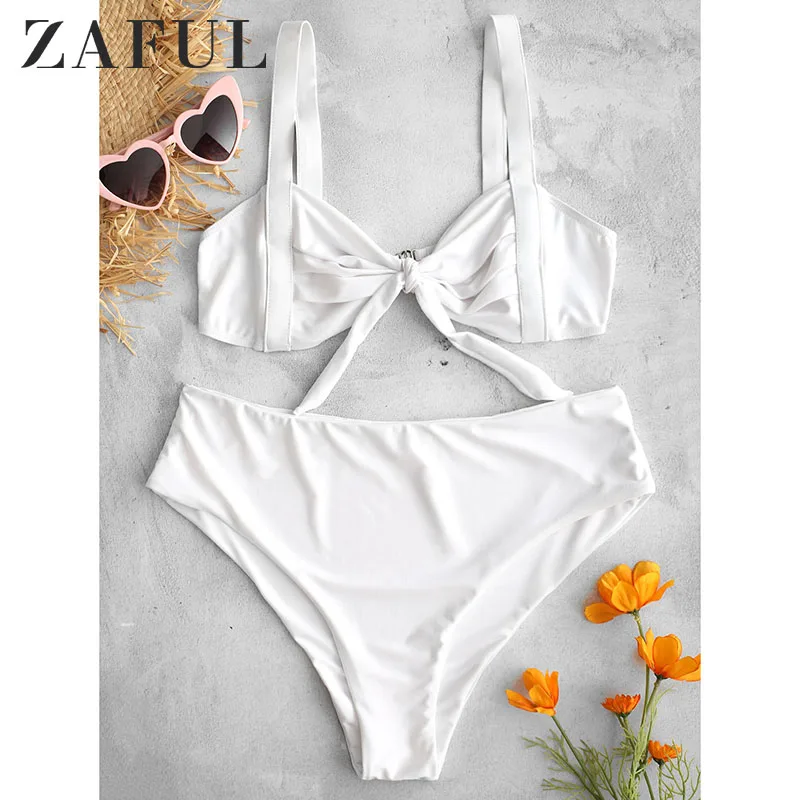 

ZAFUL Tie Front Ruched Bikini Set Summer Halter Strap Camis Beach Swimsuit Bathing Suit Female Biquinis Swimwear Solid White