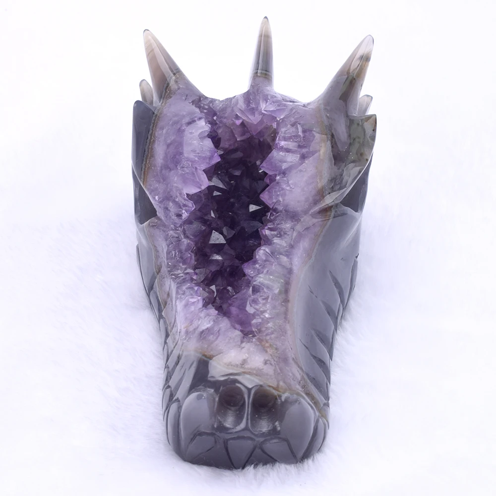 

5.5 '' Dragon Head Skull Purple Geode Agate Sculpture Carved Realistic Statue Healing Crystal Skull Amazing Gift Home Decor