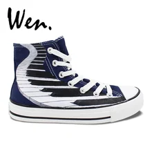 Вэнь Синий Ручная роспись обувь дизайн на заказ пианино клавиатура Мужские Женские высокие холщовые кроссовки подарки на день рождения