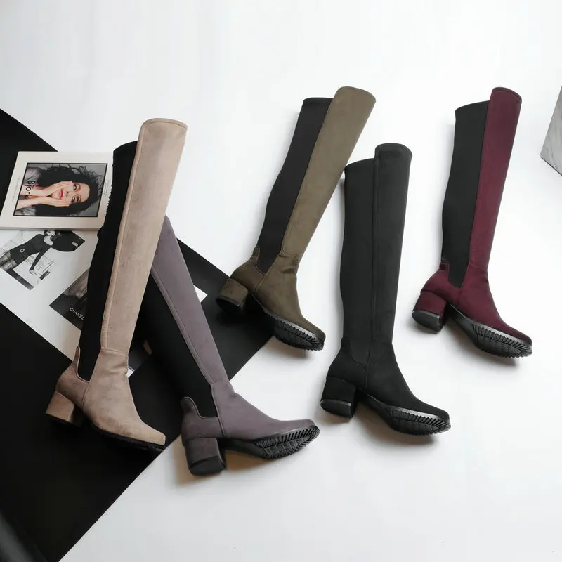 Женские сапоги до колена из эластичной лайкры; высокие сапоги в жокейском стиле на толстом среднем каблуке; осенне-зимние черно-Бежевые ботинки; цвет винный, темно-серый