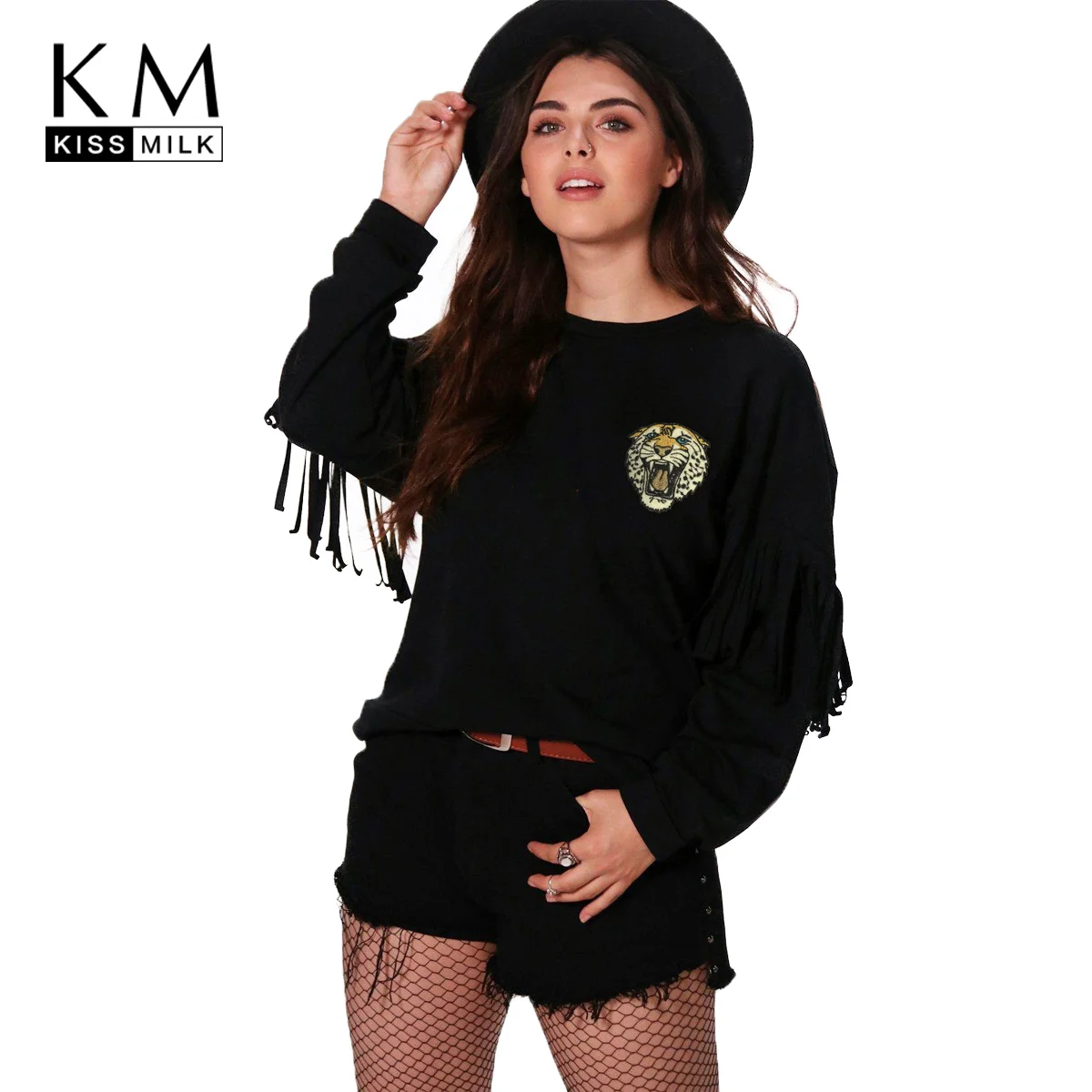 kissmilk Plus Size Solid Black Tiger Embroidered Women Sweatshirts O-neck Long Sleeve Tassel Female Pullovers Casual Brief Lady kissmilk Plus Size Solid Black Tiger Embroidered Women Sweatshirts O-neck Long Sleeve Tassel Female Pullovers Casual Brief Lady