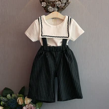2017 Girls Clothing Sets New Summer Fashion Style Academy Wind T-Shirt +striped Suspenders Pants 2Pcs Girls Clothes Sets