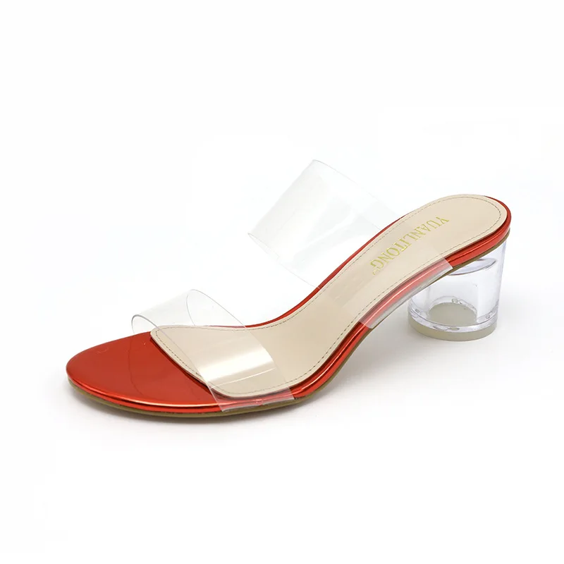 

2019 Summer New Glass High-heeled Sandals Female Leopard Young Fashion Transparent Thick High Heels Open Toe Women's slippers