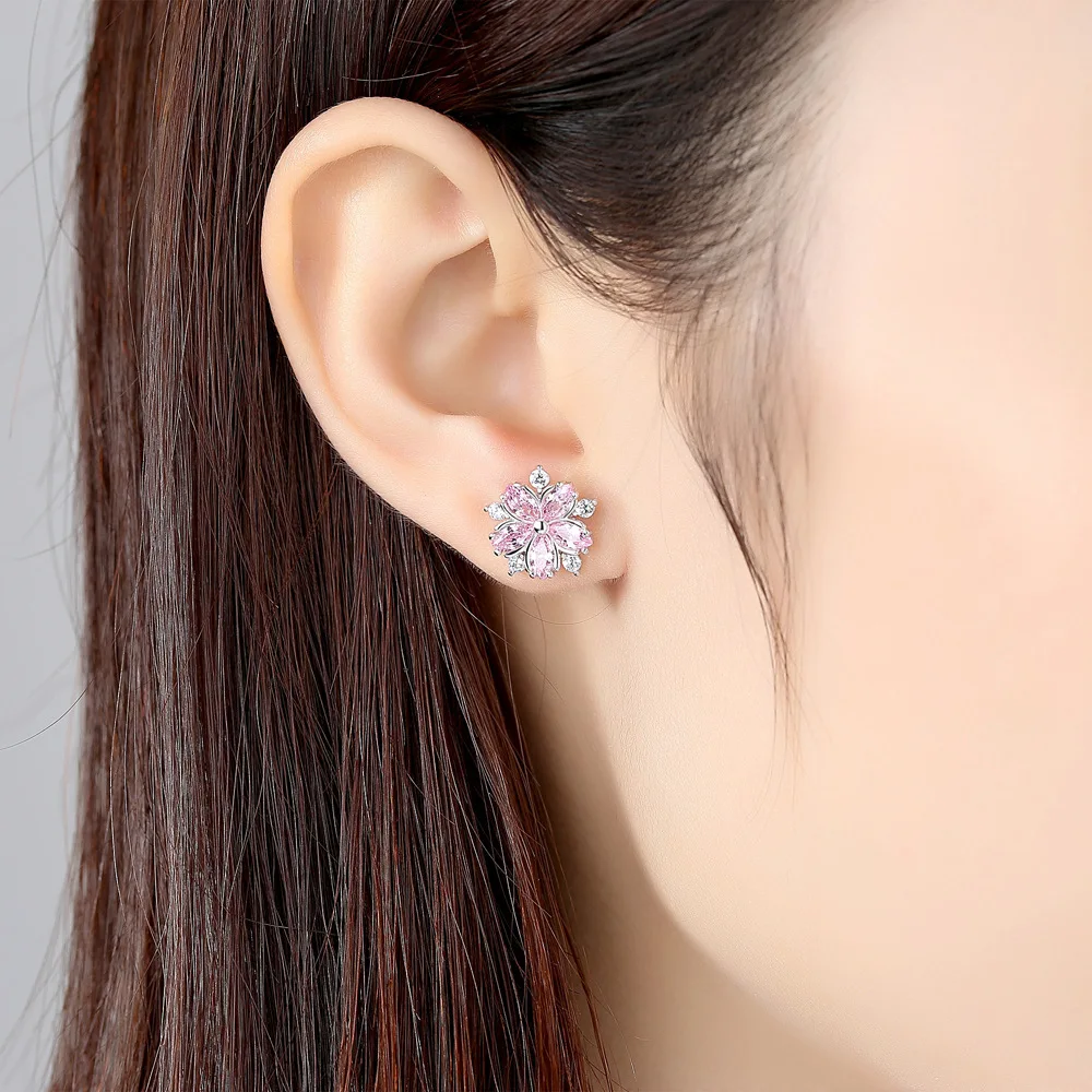 Fashion Flower Shape Zircon Pink Wedding Earrings for Women with Silver Color Crystal Korean Indian Stud Earrings Brincos