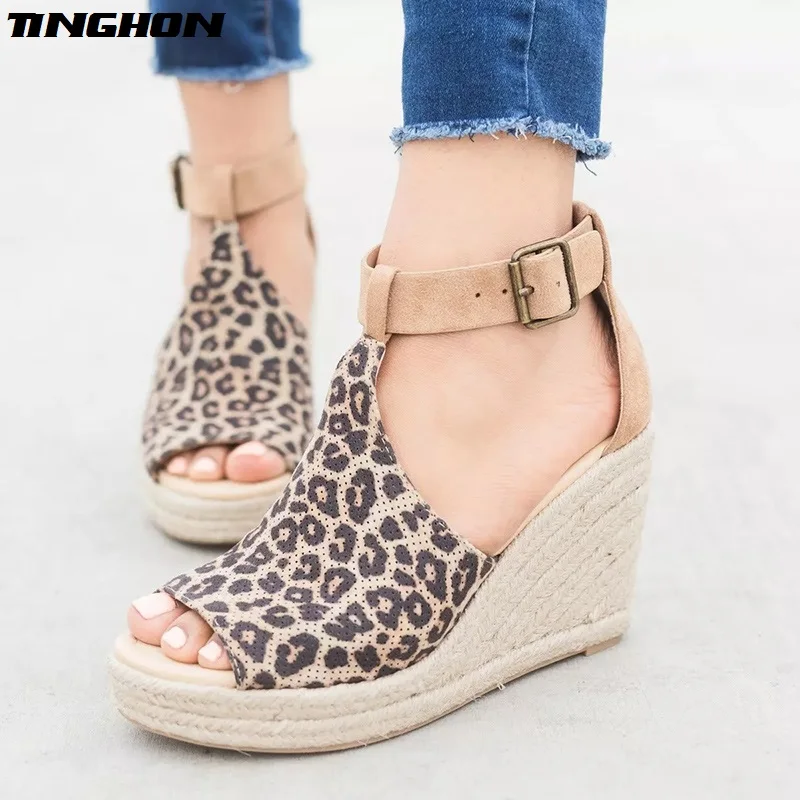 

TINGHON Summer Women Leopard Sandals Wedge Peep Toe Shoes High Heels Beach Ladies Shoes Fashion Platform Rome Plus Size 35 43