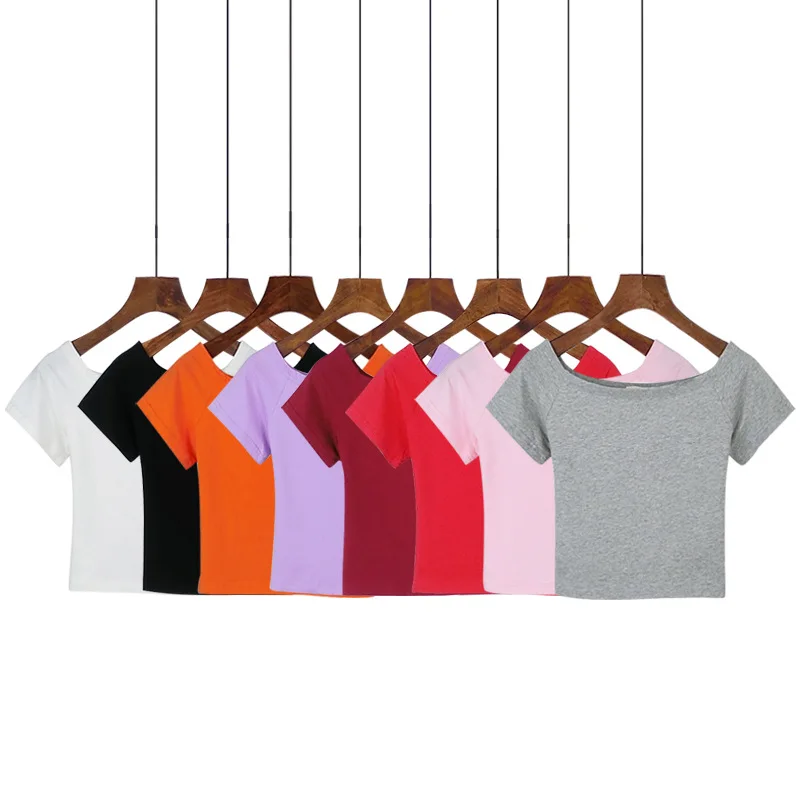

2019 Best Selling Slash Neck Sexy Crop Tops Ladies Short Sleeve T Shirt Tee Black White Short T-shirt Basic Stretch tshirt women
