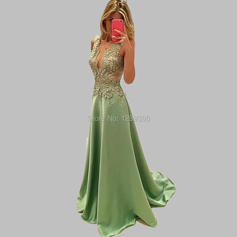 2017 Sage Green Formal Evening Gowns with Appliques Cheap Prom Dresses