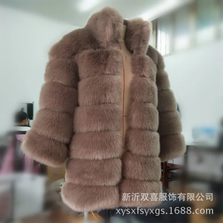 Новое зимнее пальто женская шуба из искусственного лисьего меха высококачественное меховое пальто из искусственного меха и Женское пальто размера плюс S-3XL верхняя одежда с длинным рукавом - Цвет: dark camel