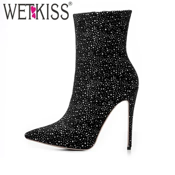 

2018 New Arrival Polka Dot Autumn Boots Stiletto Ankle Boots Women's High Heel Shoes Side Zip Mature Pointer Toe Female Shoes