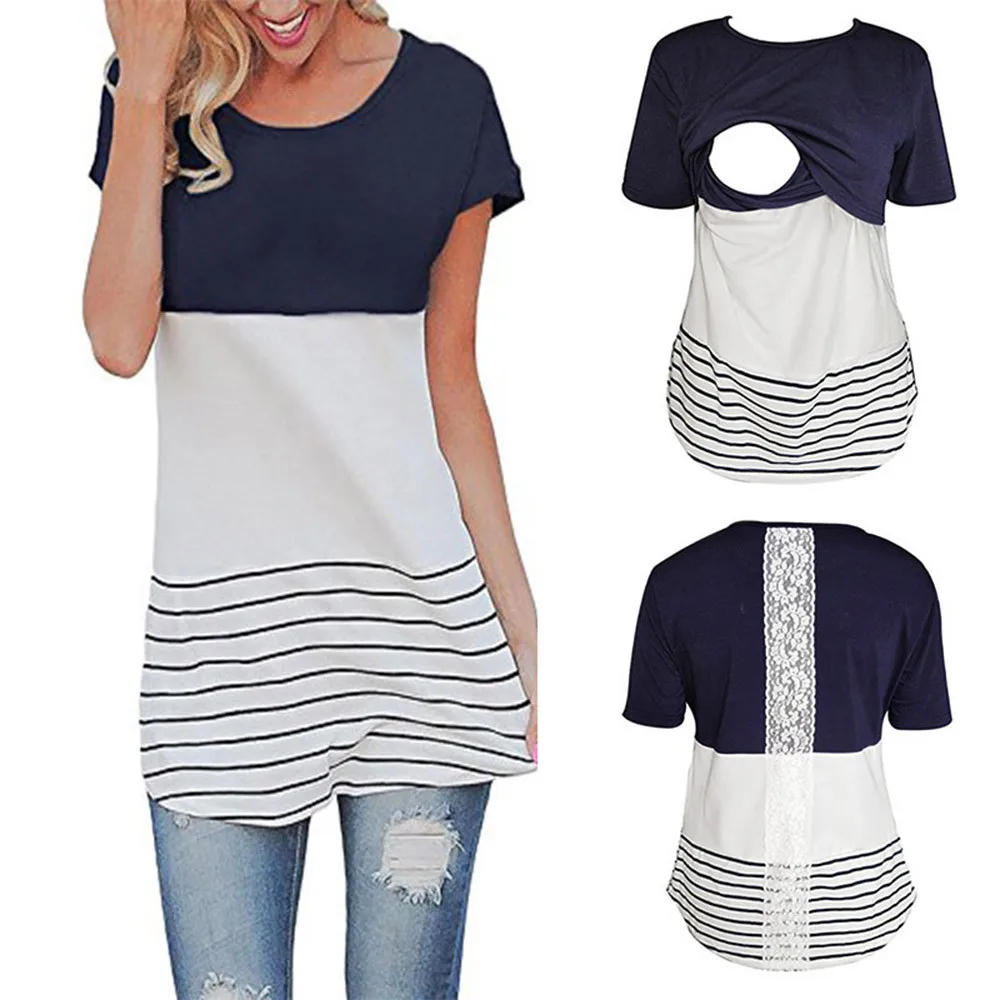 

MUQGEW 2018 Women lace Nursing shirt Lace Splice Pregnant top T shirt cotton Casual Baby For Maternity Pajamas Blouse Tops
