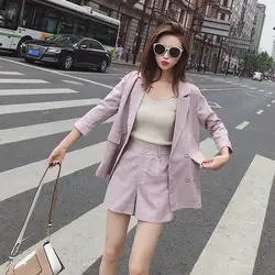 Для женщин костюм в Корейском стиле высокого качества Длинные рукава розовый костюм, пиджак в клетку Женские повседневные шорты; женский