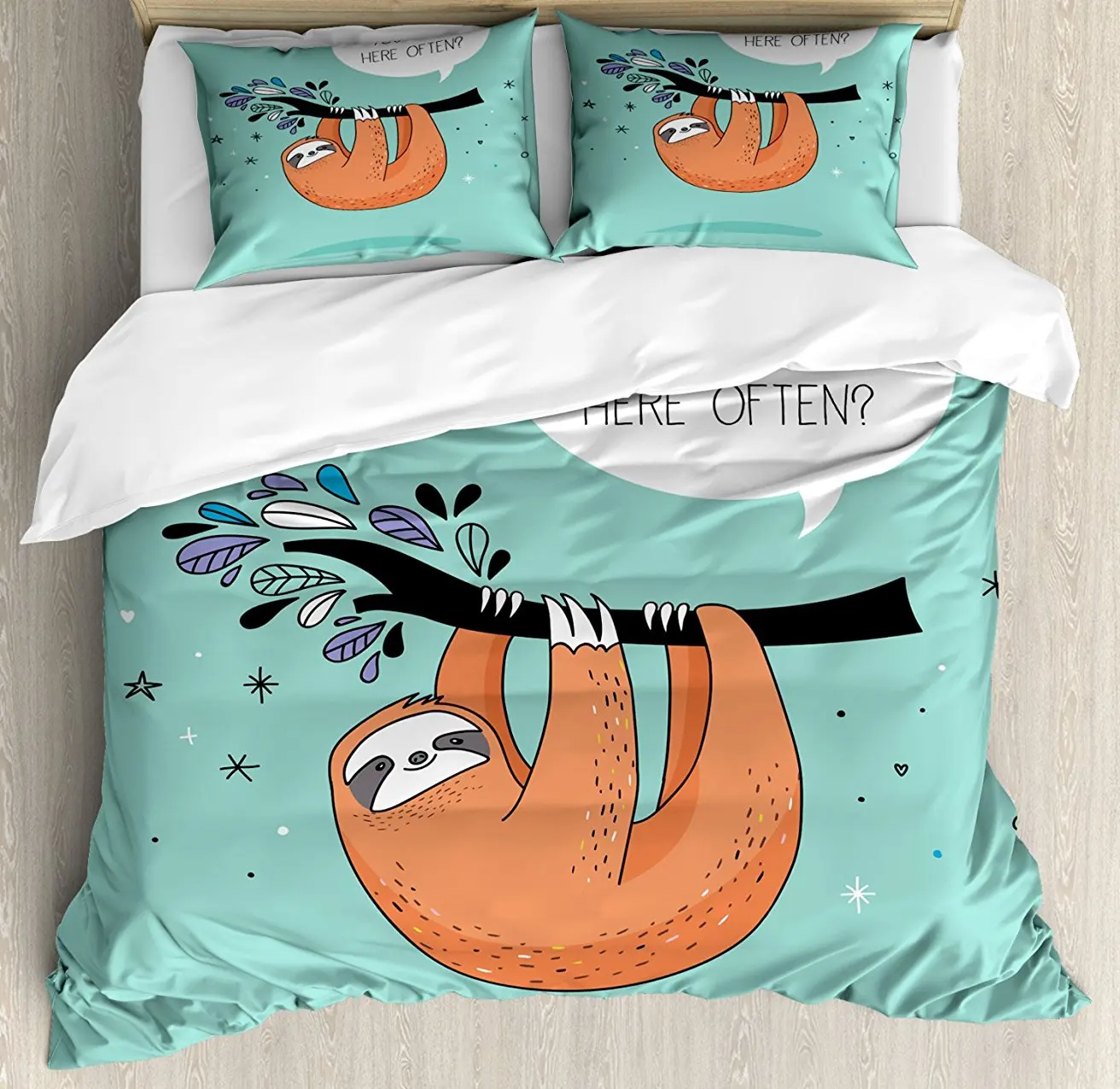 

Animal Duvet Cover Set Cartoon Design Print Sloth with a Flirty Quote 'So You Come Here Often' Color Image Decor Bedding Set