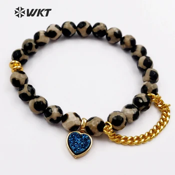 

WKT WT-B394 2018 New Raw Stone Beads Flexiable Bracelet Heart Shape Druzy Metal Plated Charms Elegant Women Jewelry
