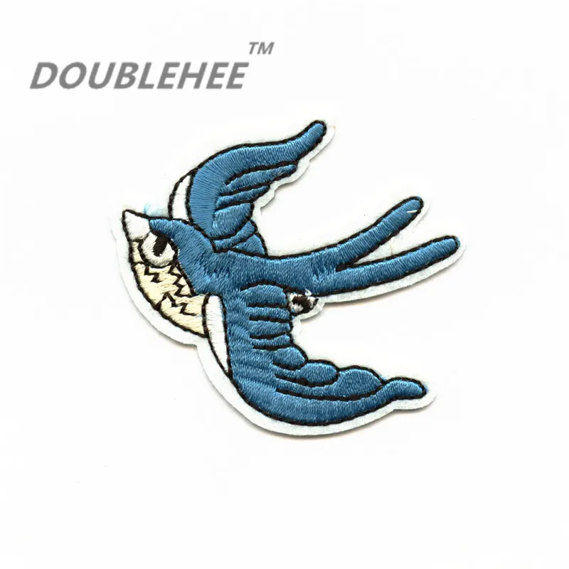 

DOUBLEHEE 6.4cm*5.1cm Embroidered Iron On Patches For Clothing Blue Bird Swallow Design For diy Hairband Phone Bag Accessories