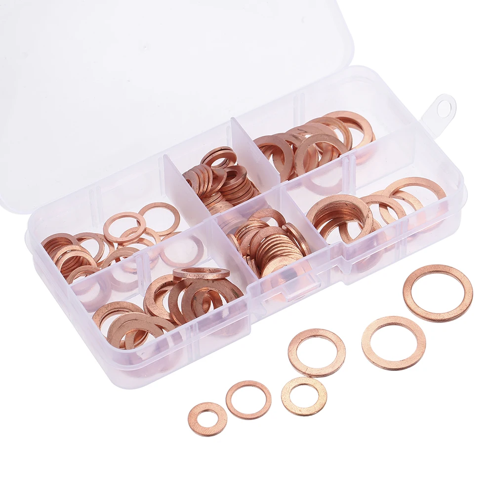 

110pcs M6-M16 6 Sizes Solid Copper Gasket Assorted Copper Washers Sealing Ring Set Sump Plug Oil Seal Fittings with Case