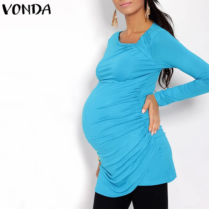 

VONDA Maternity Clothes 2020 Spring Autumn Pregnant Women Blouses Shirts Casual Square Collar Long Sleeve Asymmetrical Tops 5XL