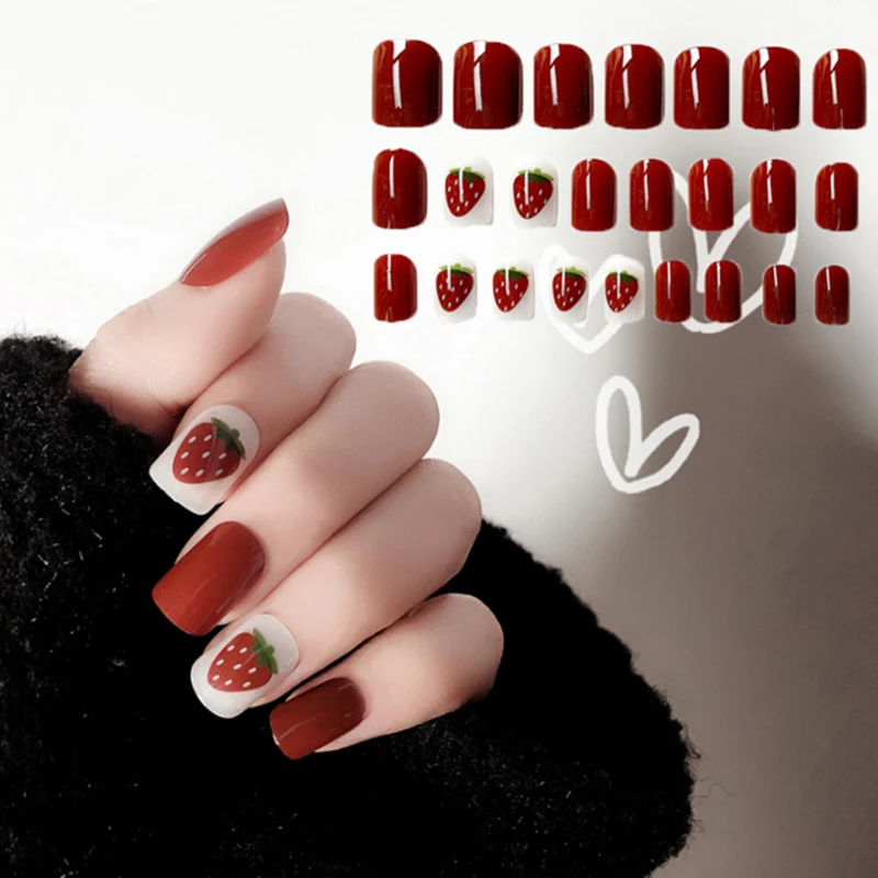 New 24pcs Strawberry Designs False Nail Tips Press On Fake Nails With Cute Carton Designs Short Kawaii False Nail Tips