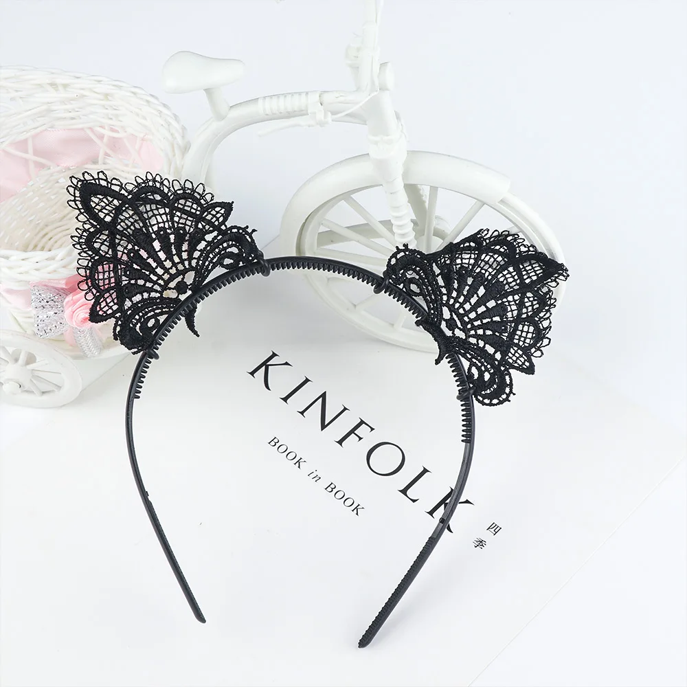

Women Hair elastic headbands Fashion Black Lace Cat Ears Headband Wedding Photography Portrait Style Hair Hoop hair accessories
