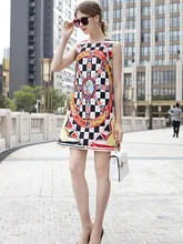 High Quality 2019 Summer Fashion Women Dress Retro Wind Beaded Cartoon Print Round Neck Sleeveless Jacquard A Word Female Dress retro floral print round neck sleeveless dress for women