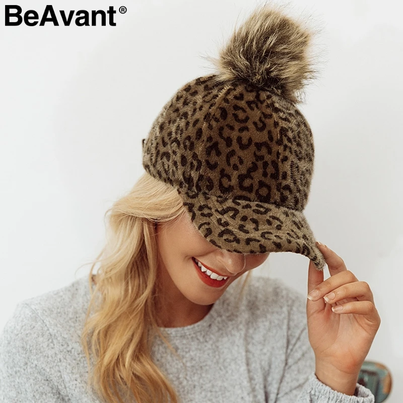 

BeAvant Leopard print winter baseball caps 2018 Faux fur pompom ball women cap Adjustable casual snapback hat cap female