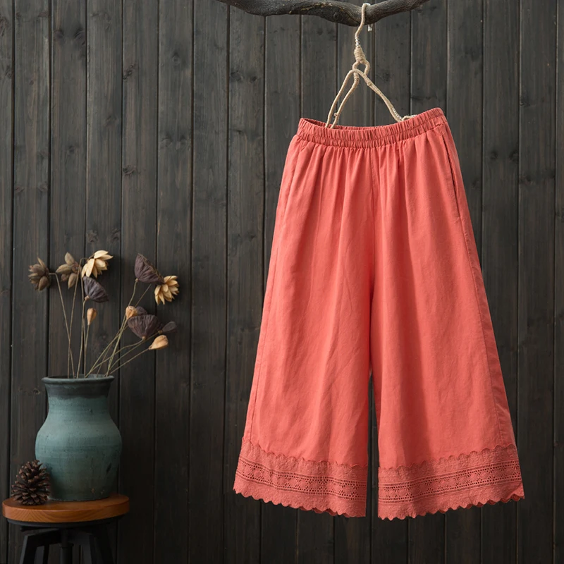 

ruffled lace lacing patchwork cotton linen Solid color Wide leg pants female mori girl 2018