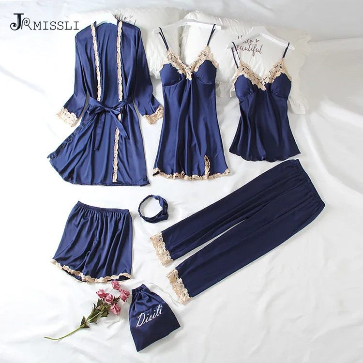 

JRMISSLI 7 Pcs Ice Silk Pajama Set With Pad Nightgown+Cardigan+Short Set Lace Sexy Pyjama For Women Home Clothing