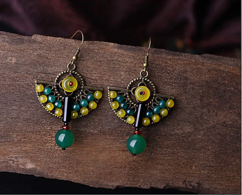 Yanting Ethnic Earrings Natural Colorful Stone Earings Fashion Jewelry Vintage Peacock Feather Handmade Earrings For Women 005 (4)