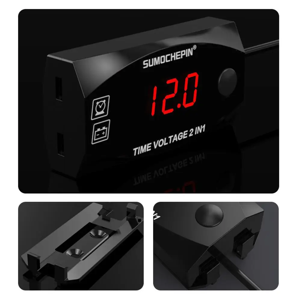 Tickas Voltage Voltmeter,Motorycycle DC 6V-30V 2 In 1 Digital Time Clock Voltage voltmeter IP67 Waterproof Tester Battery Moniter Gauge for Car Boat Marine
