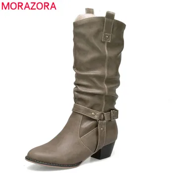 

MORAZORA 2020 wholesale big size 35-50 mid calf boots women round toe pu autumn winter boots slip on fashion shoes woman