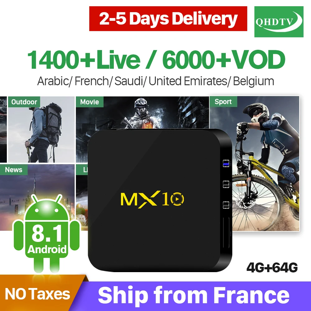 MX10 QHDTV IPTV France Arabic Netherlands Belgium QHDTV RK3328 Android 8.1 4+64G IPTV Code Turkey Portugal Android IPTV Box     