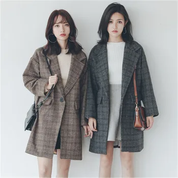 

Casual Long section Woolen Coat Women 2020 Spring Autumn Korean Lattice Loose Thin Little Wool Jackets Retro Blazers Suits X387