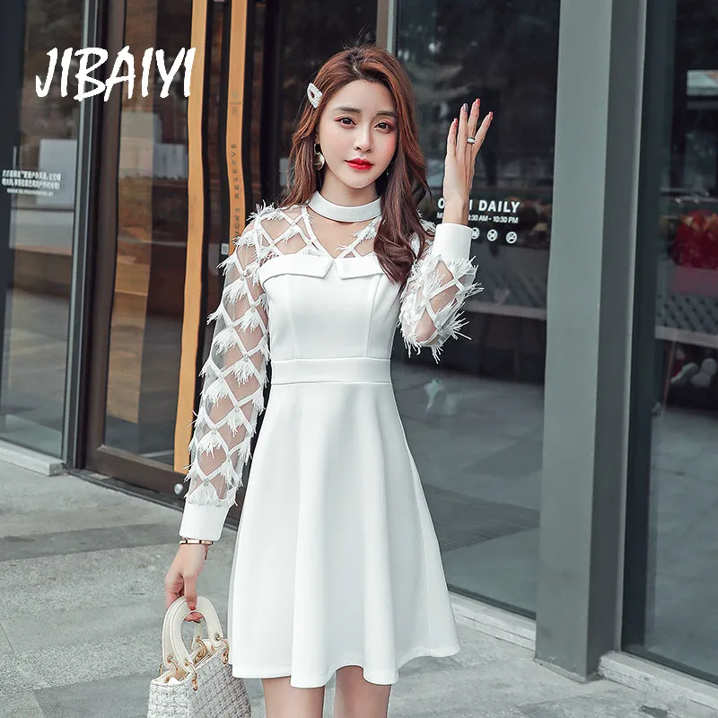 JIBAIYI White Sexy Lace Ladies Summer Dress Elegant Transparent Mesh Long Sleeve Party Dresses Women Halter Mini Female Vestido JIBAIYI White Sexy Lace Ladies Summer Dress Elegant Transparent Mesh Long Sleeve Party Dresses Women Halter Mini Female Vestido