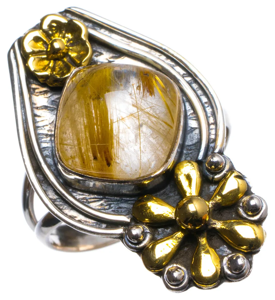 

Natural Two Tones Rutilated Quartz Handmade Unique 925 Sterling Silver Ring, US size 7.75 X2364